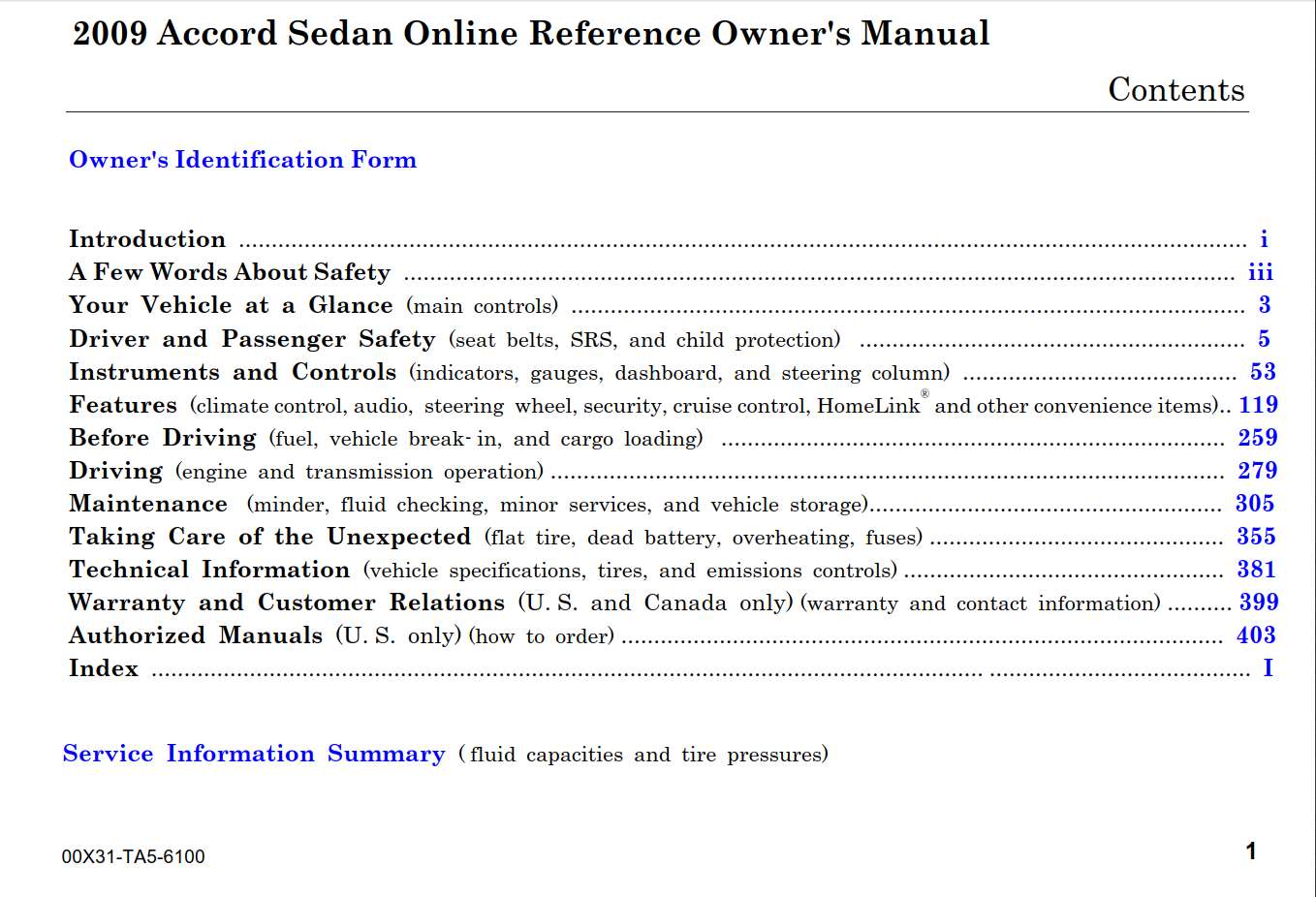 Honda Accord Sedan 2009 Owner's Manual