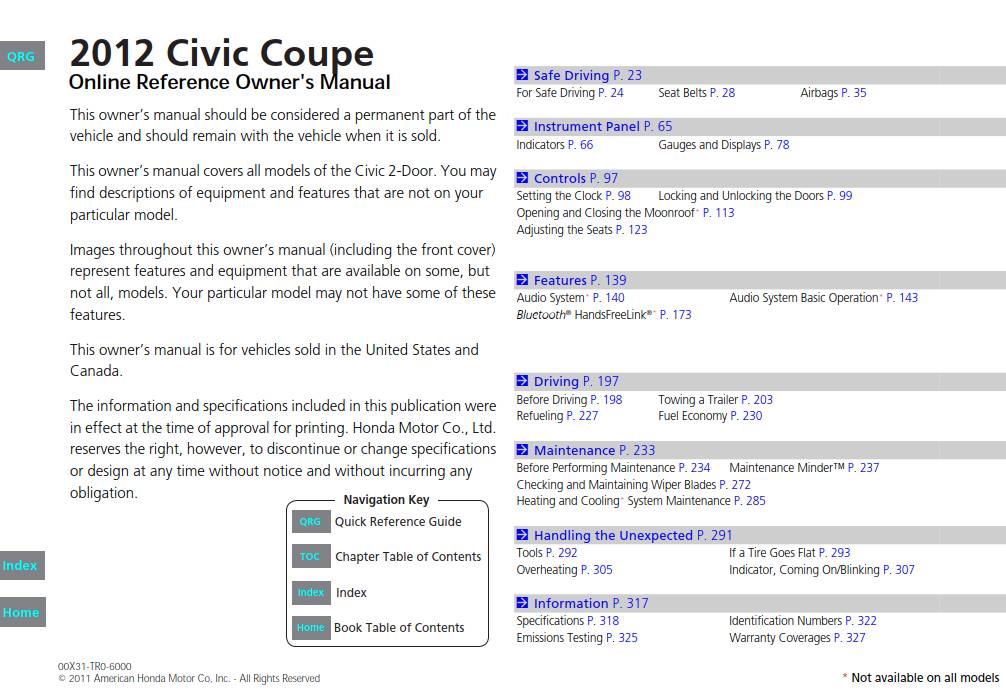 Honda Civic Coupe 2012 Owner's Manual