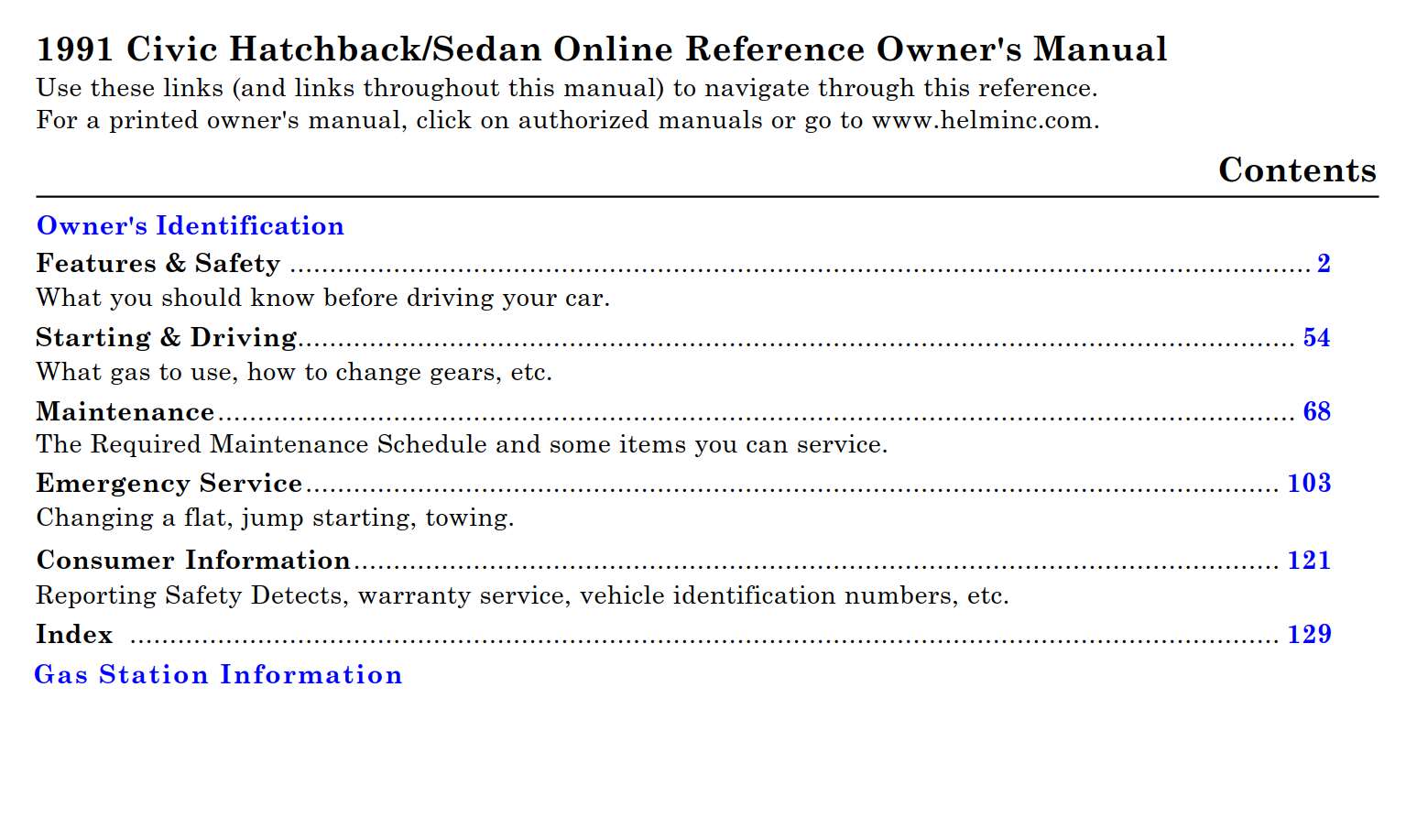 Honda Civic Hatchback Sedan 1991 Owner's Manual