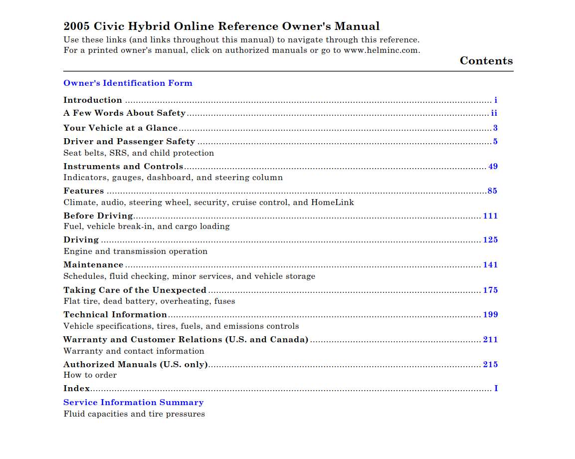 Honda Civic Hybrid 2005 Owner’s Manual PDF for FREE