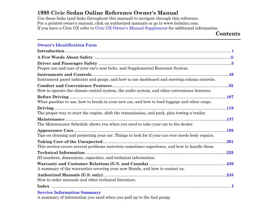 Honda Civic Sedan 1998 Owner's Manual
