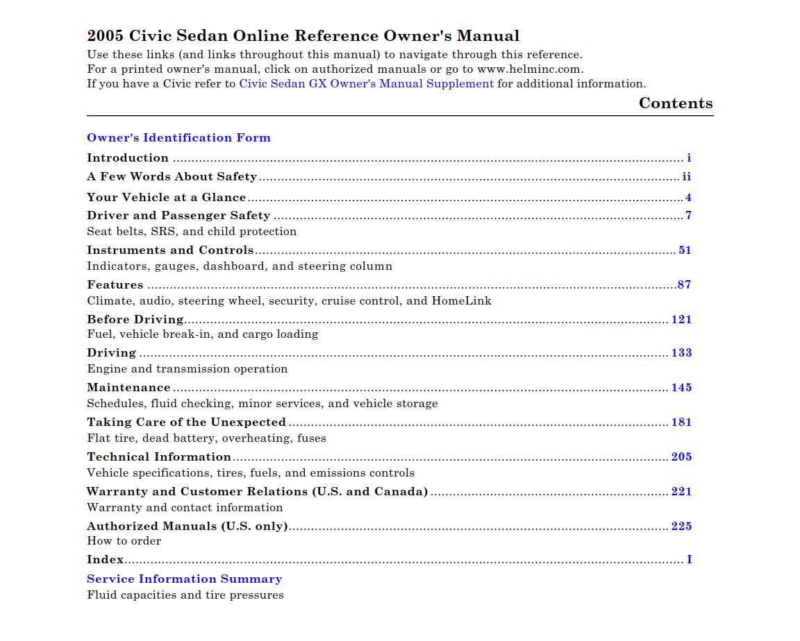 Honda Civic Sedan 2005 Owner's Manual