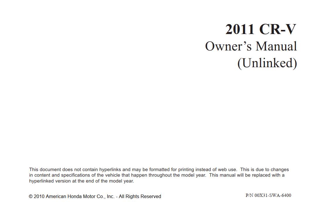 Honda CrV 2011 Owner’s Manual PDF for FREE