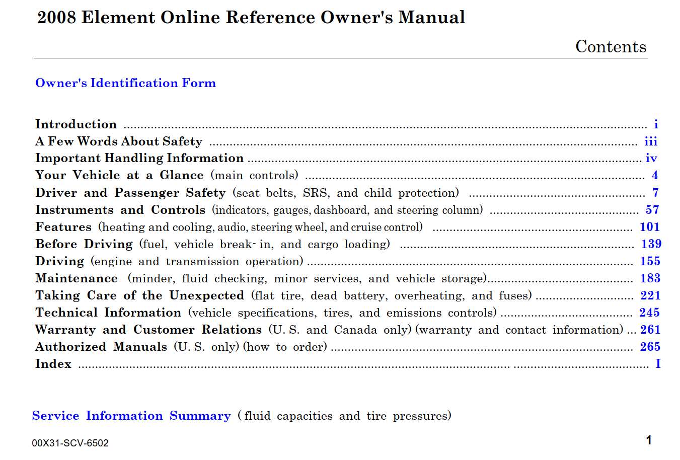 Honda Element 2008 Owner's Manual