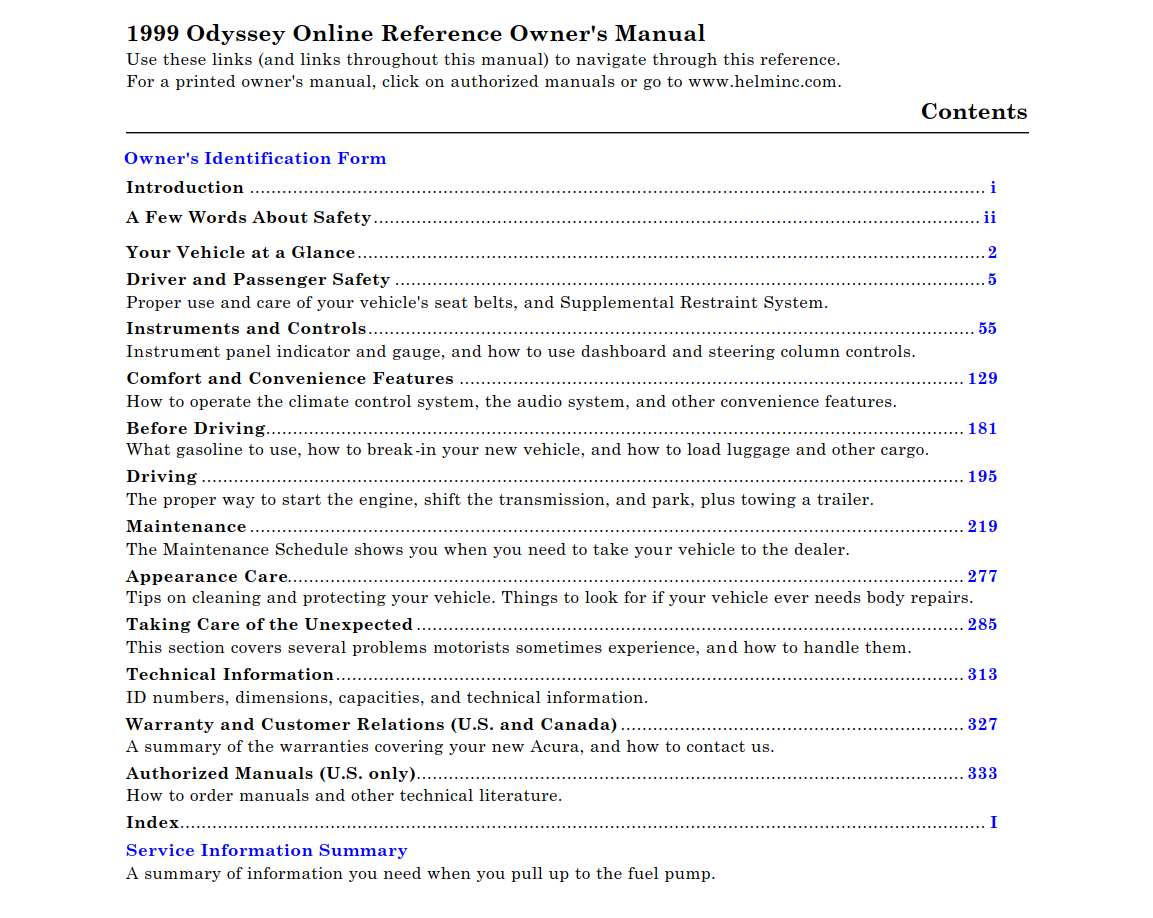 Honda Odyssey 1999 Owner's Manual
