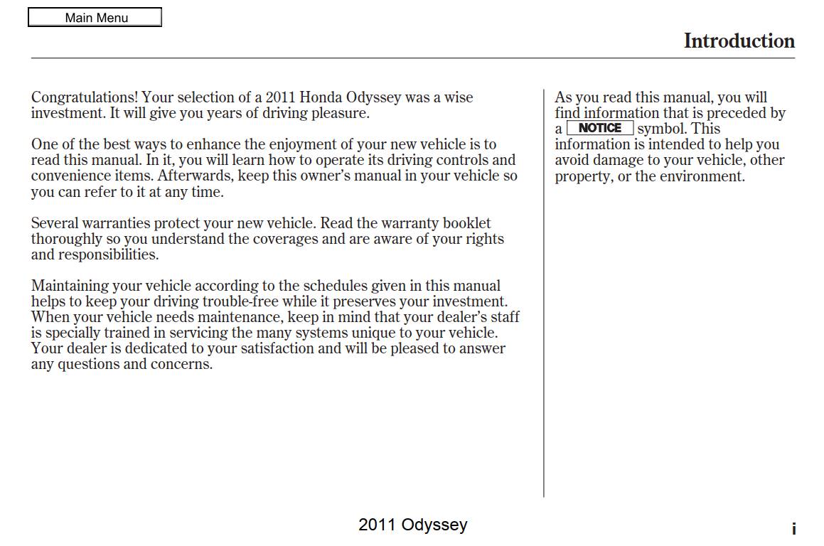 Honda Odyssey 2011 Owner's Manual