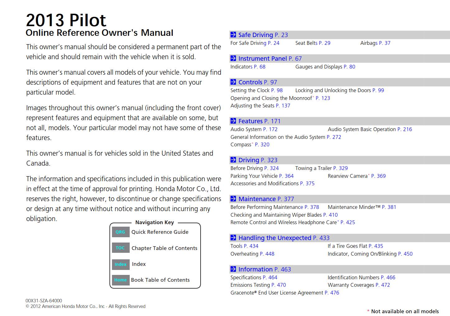 Honda Pilot 2013 Owner S Manual Pdf Download