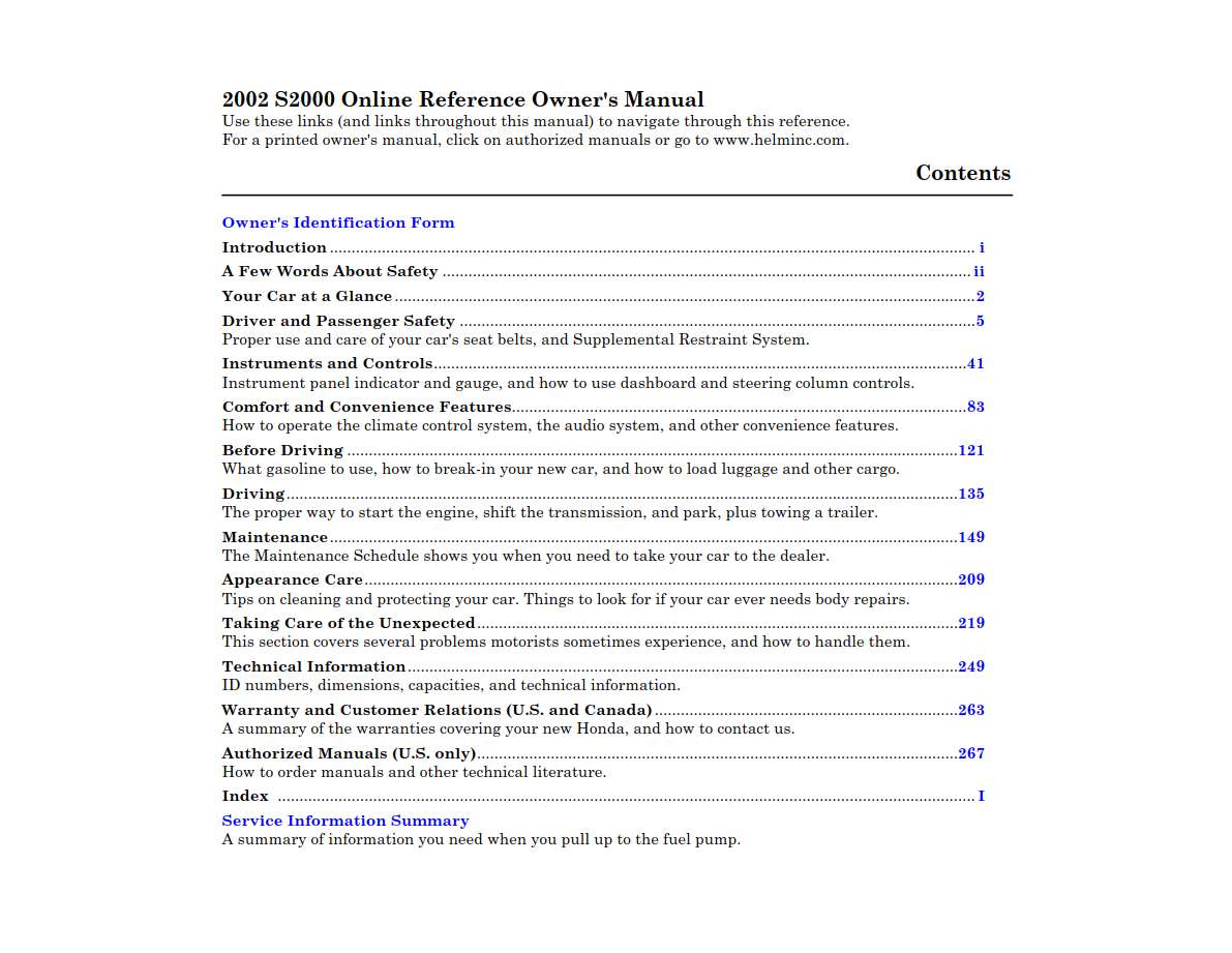 Honda S2000 2002 Owner's Manual