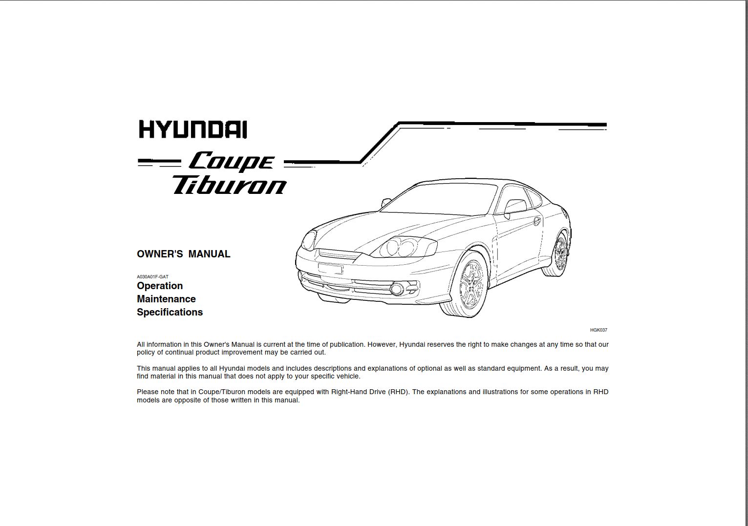 Hyundai Coupe 2003 Owner's Manual