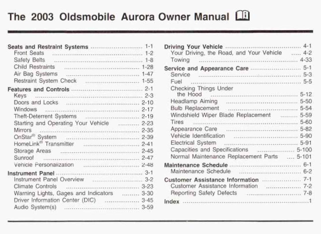 Oldsmobile Aurora 2003 Owner's Manual