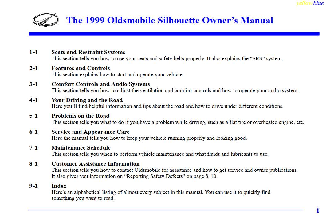 Oldsmobile Silhouette 1999 Owner's Manual
