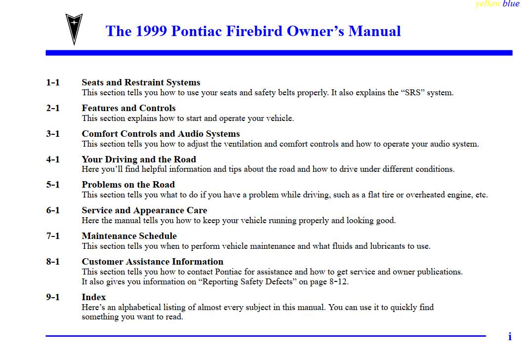 Pontiac Firebird 1999 Owner's Manual