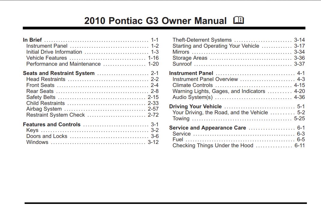 Pontiac G3 2010 Owner's Manual