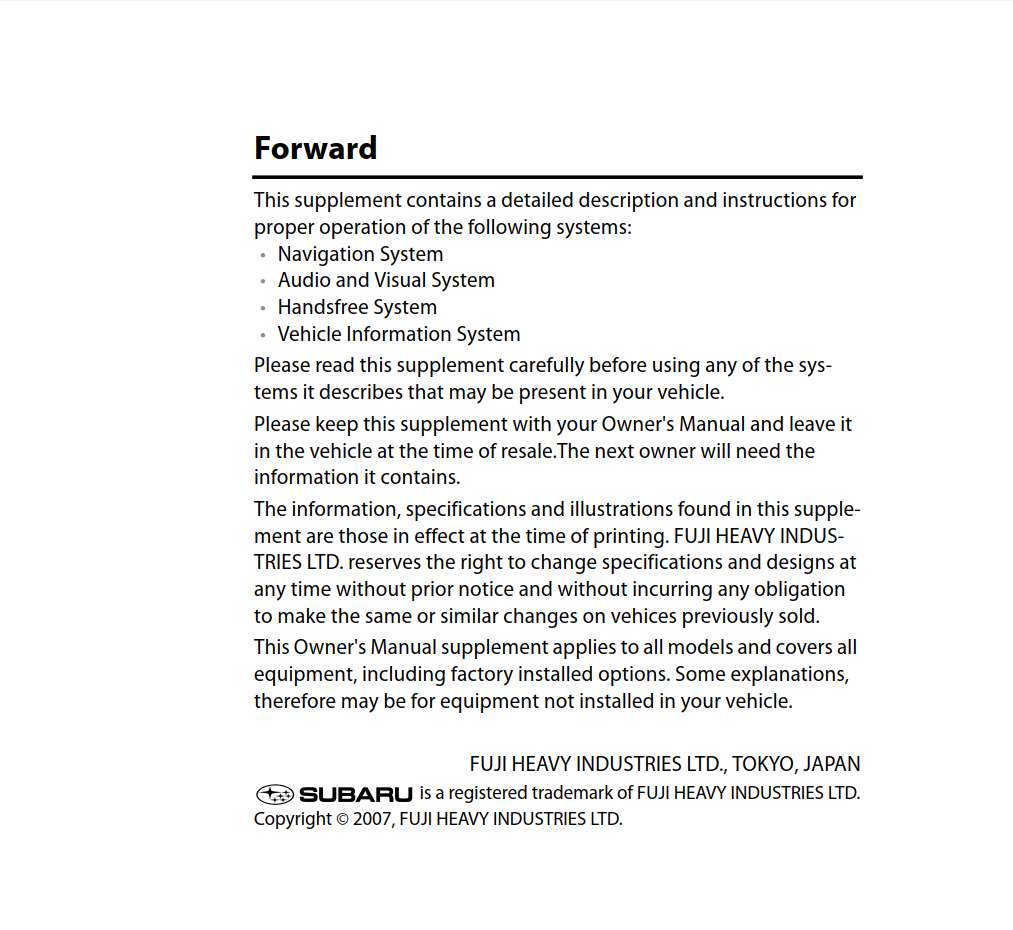 Subaru Forester 2010 Navigation System Owner's Manual