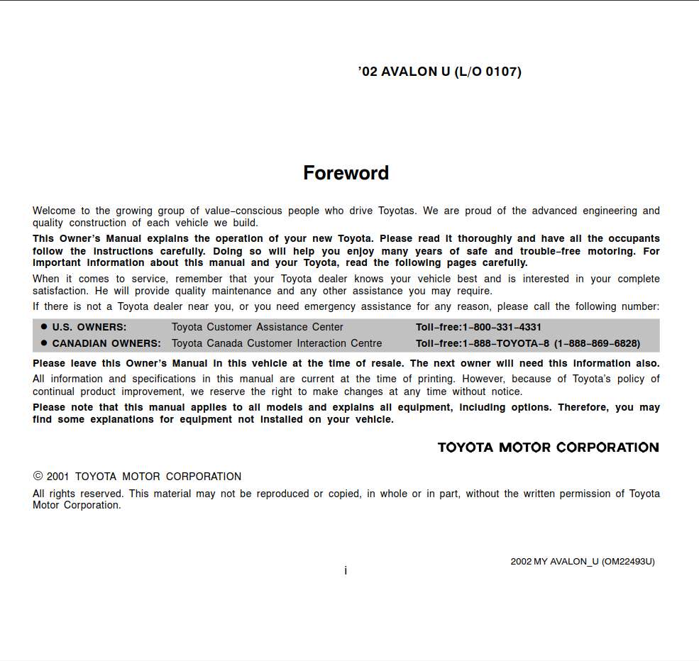 Toyota Avalon 2002 Owner's Manual