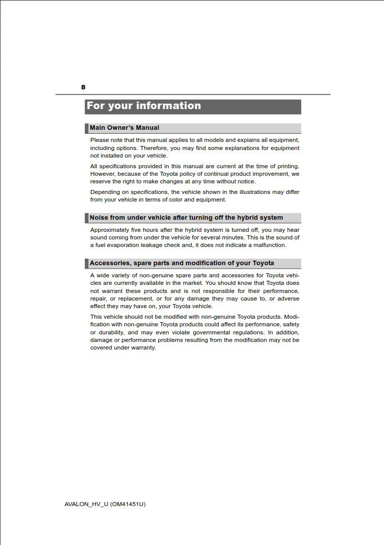 Toyota Avalon Hybrid 2013 Owner's Manual