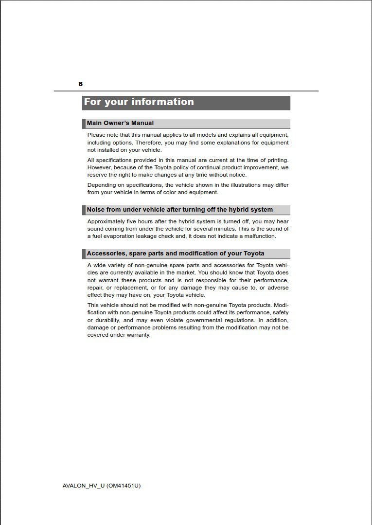 Toyota Avalon Hybrid 2014 Owner's Manual