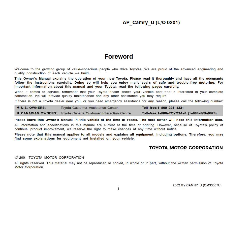 Toyota Camry 2002 Owner's Manual