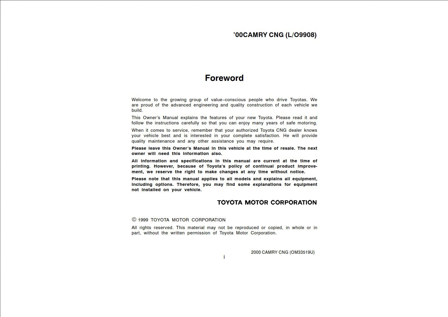 Toyota Camry CNG 2000 Owner's Manual