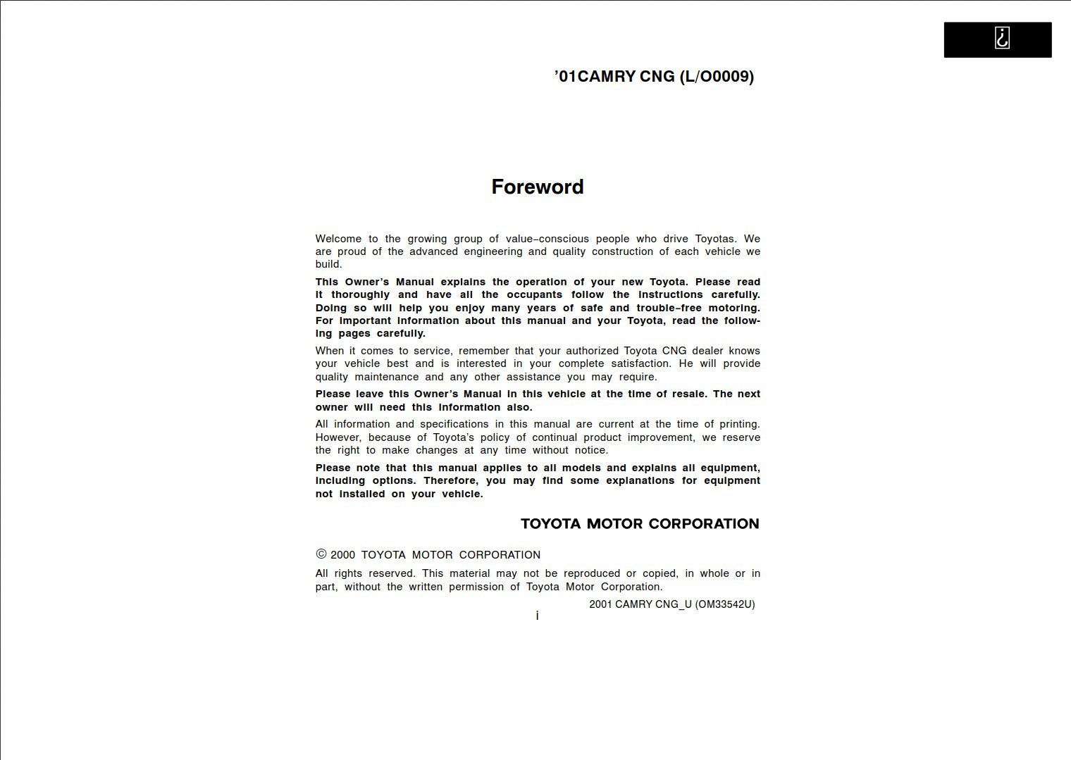 Toyota Camry CNG 2001 Owner's Manual