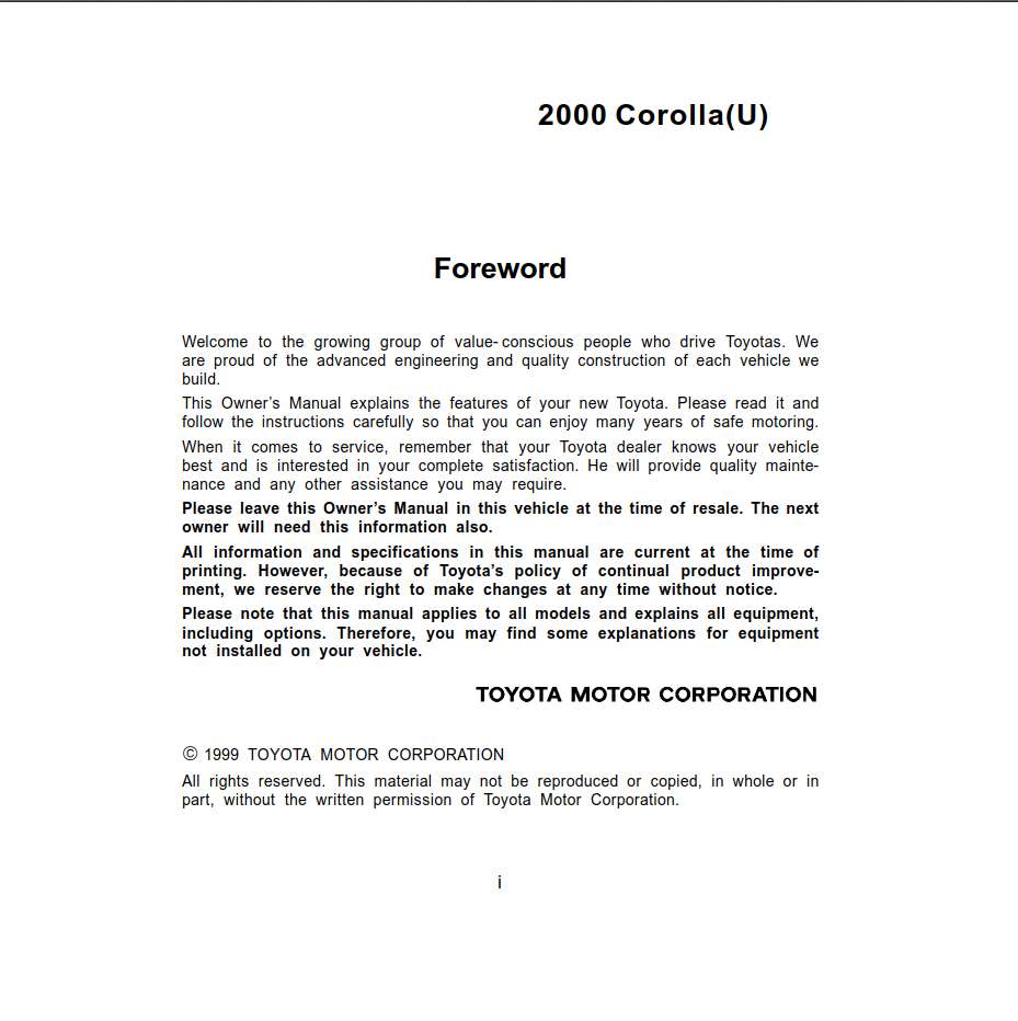 Toyota Corolla 2000 Owner's Manual