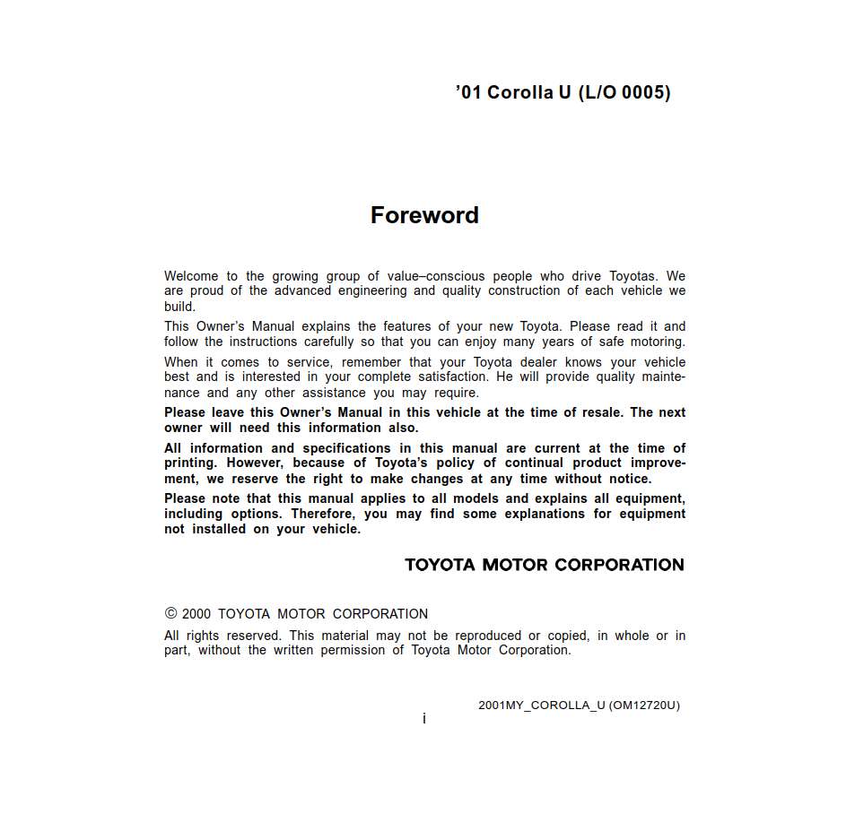 Toyota Corolla 2001 Owner's Manual