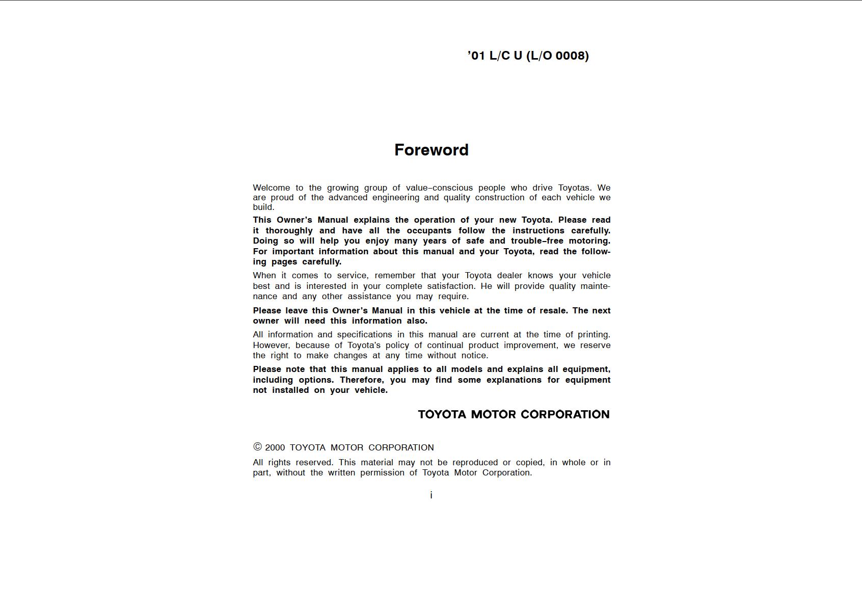 Toyota Land Cruiser 2001 Owner's Manual