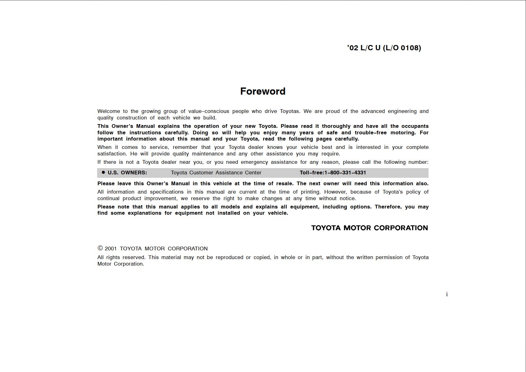 Toyota Land Cruiser 2002 Owner's Manual
