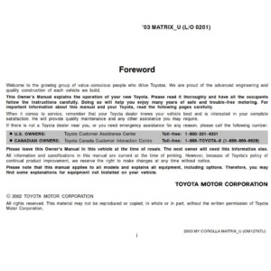 Toyota Matrix 2003 Owner's Manual