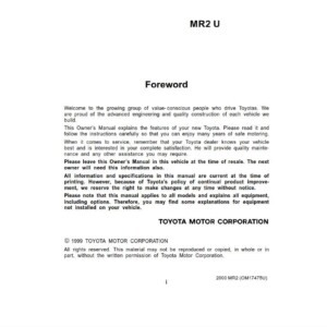Toyota Mr2 Spyder 2000 Owner's Manual