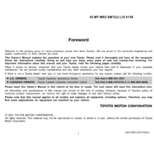 Toyota Mr2 Spyder 2002 Owner's Manual
