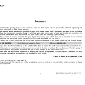 Toyota Mr2 Spyder 2003 Owner's Manual