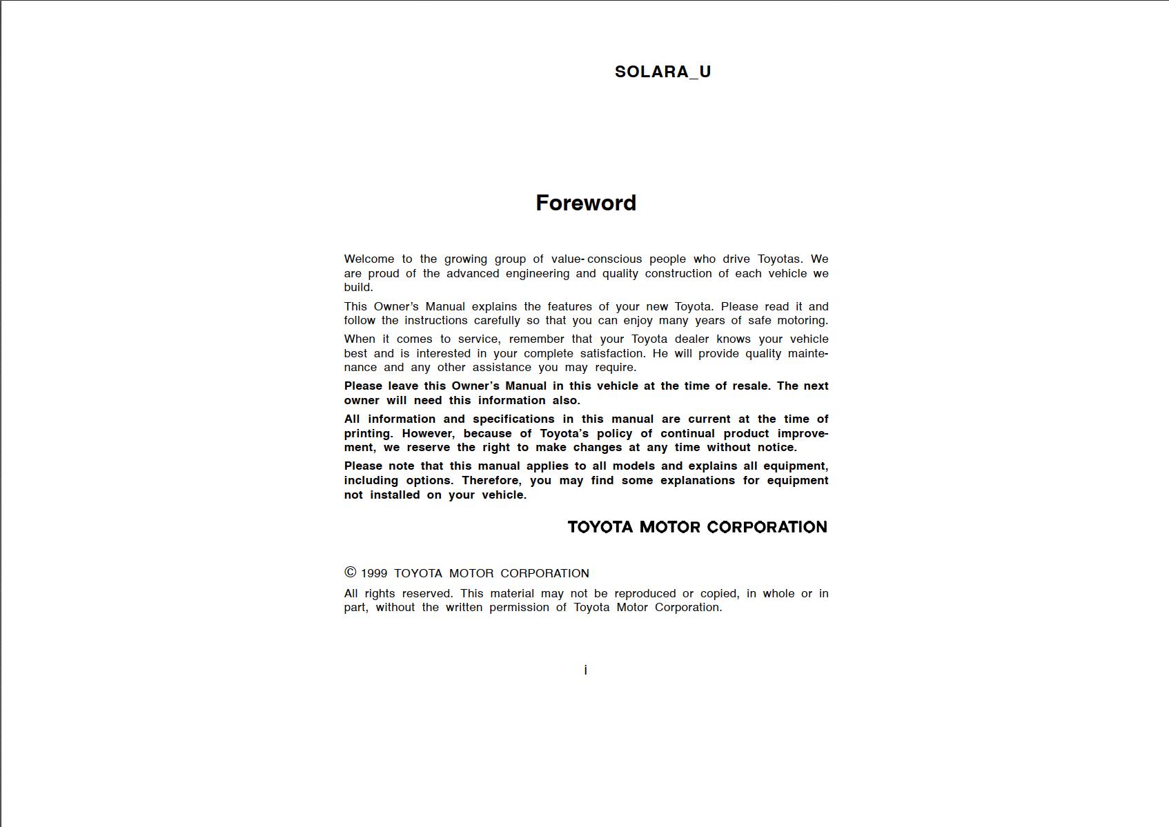 Toyota Solara 2000 Owner's Manual