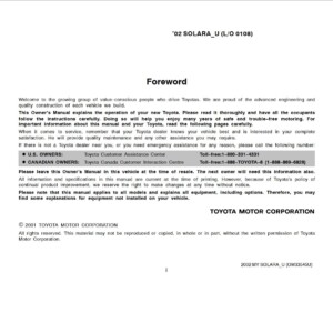 Toyota Solara 2002 Owner's Manual
