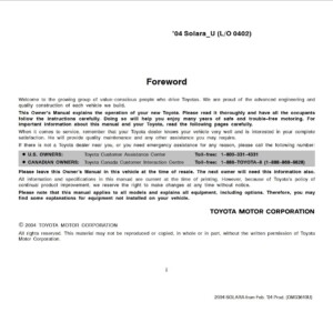 Toyota Solara 2004 Owner's Manual