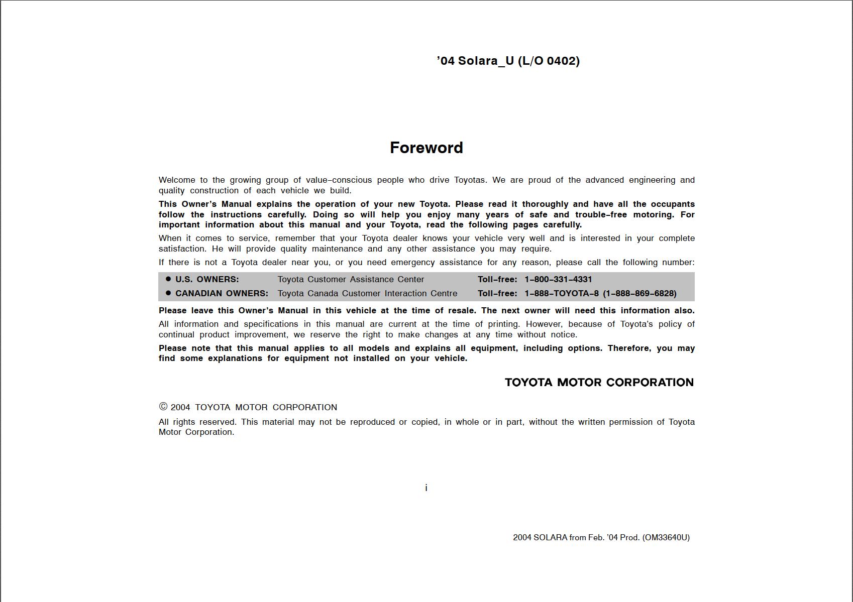 Toyota Solara 2004 Owner's Manual