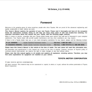 Toyota Solara 2005 Owner's Manual