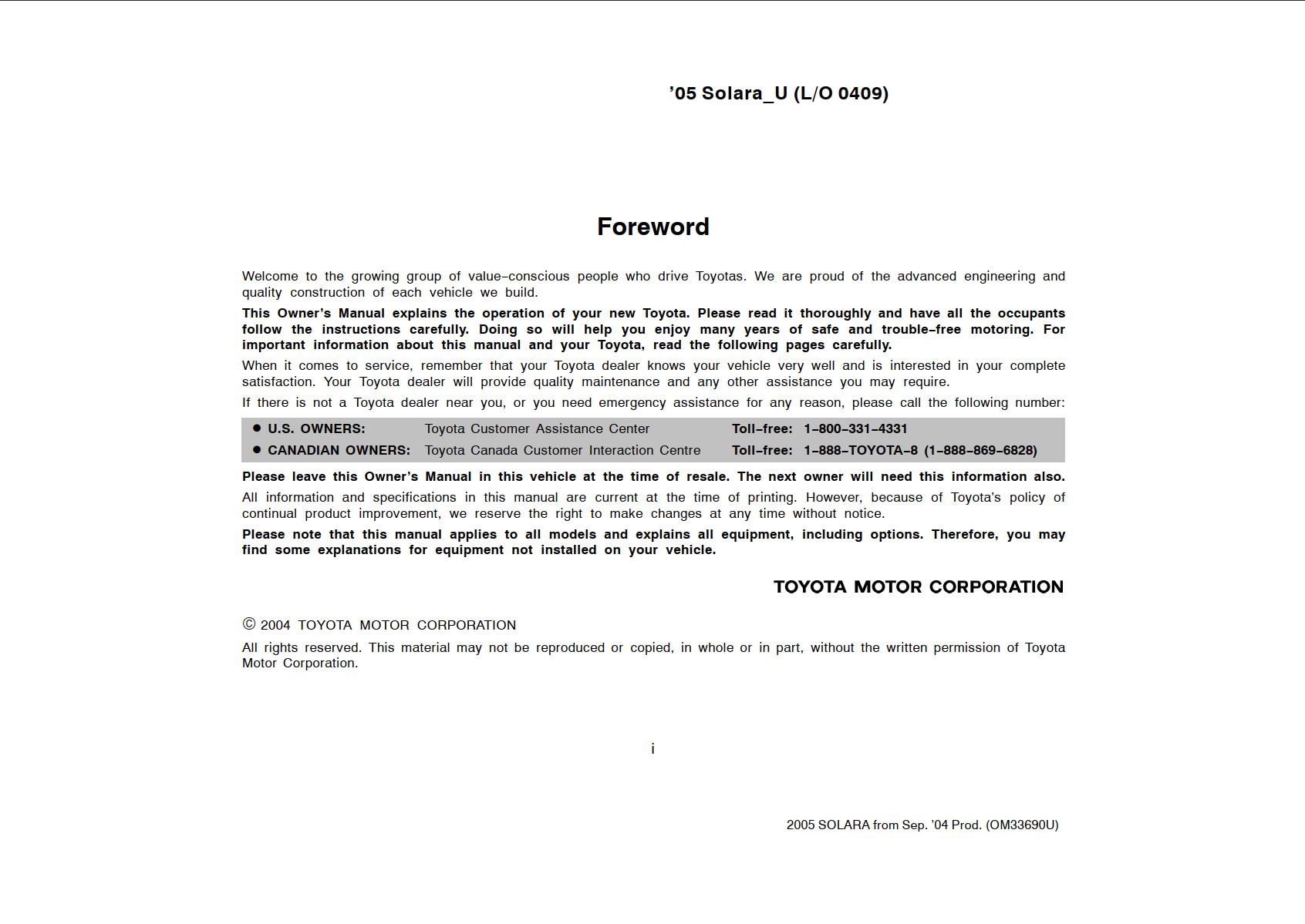 Toyota Solara 2005 Owner's Manual