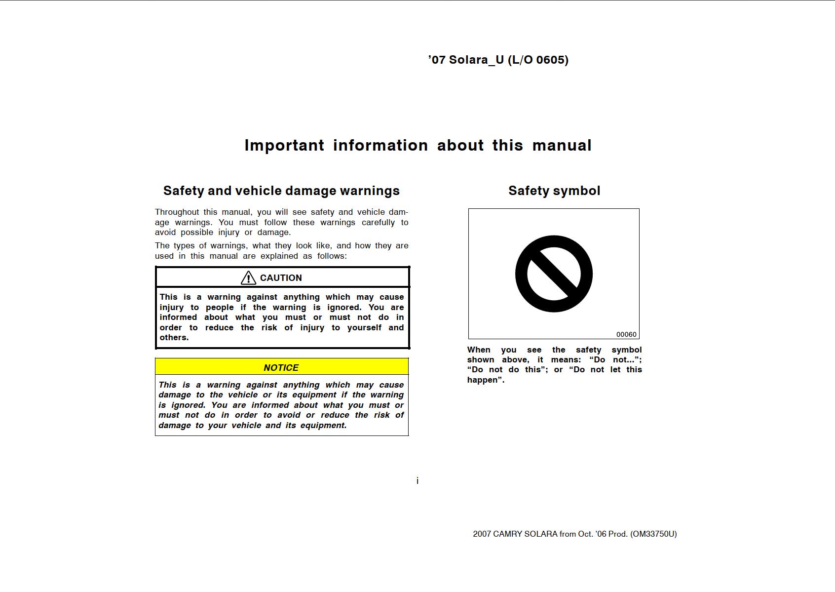 Toyota Solara 2007 Owner's Manual