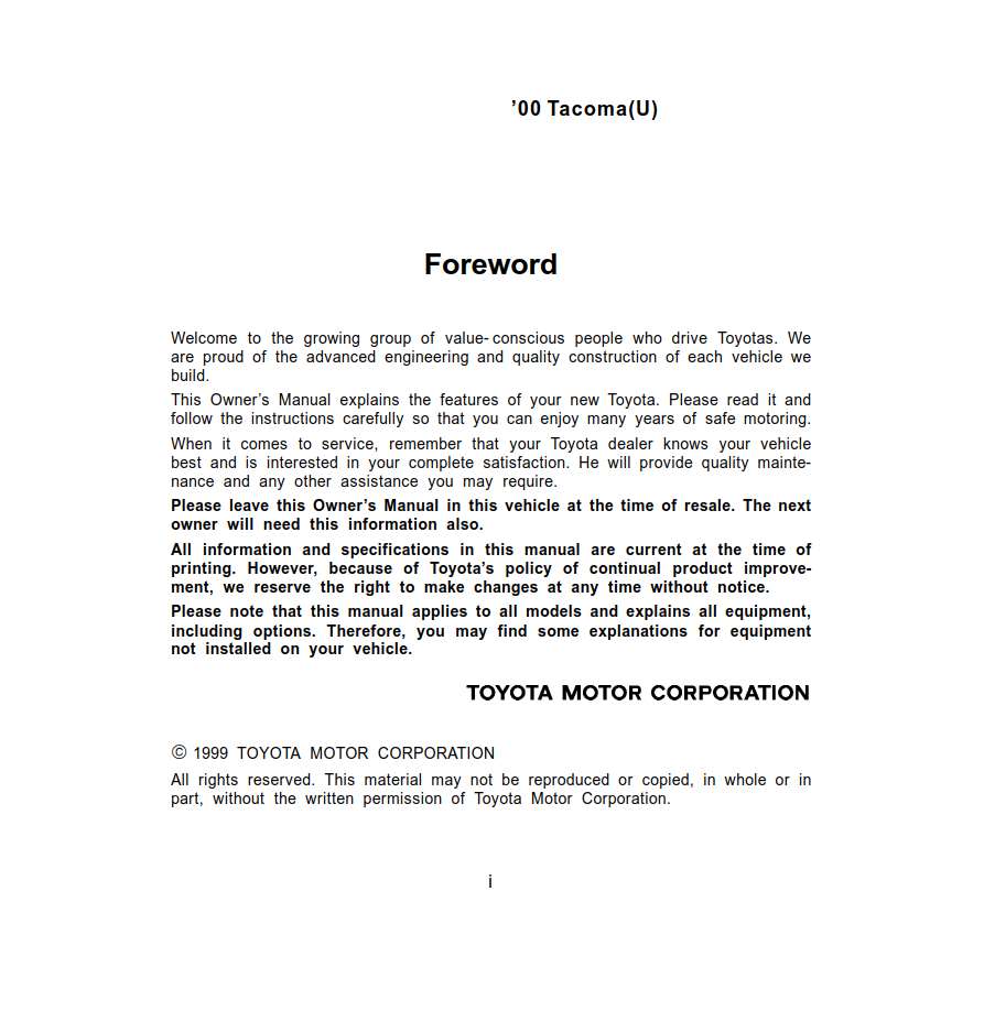 Toyota Tacoma 2000 Owner's Manual