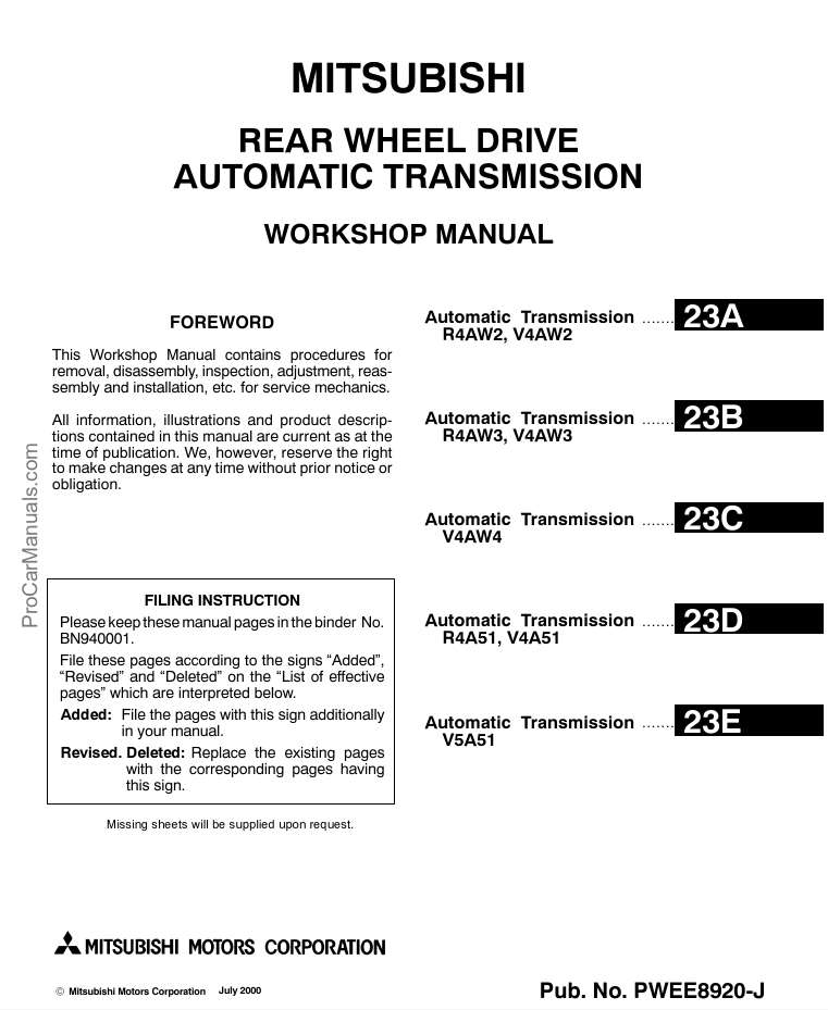 MITSUBISHI REAR WHEEL DRIVE AUTOMATIC TRANSMISSION WORKSHOP MANUAL (PWEE8920-J)