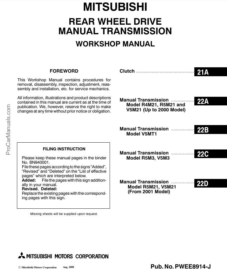 MITSUBISHI REAR WHEEL DRIVE MANUAL TRANSMISSION WORKSHOP MANUAL (PWEE8914-J)