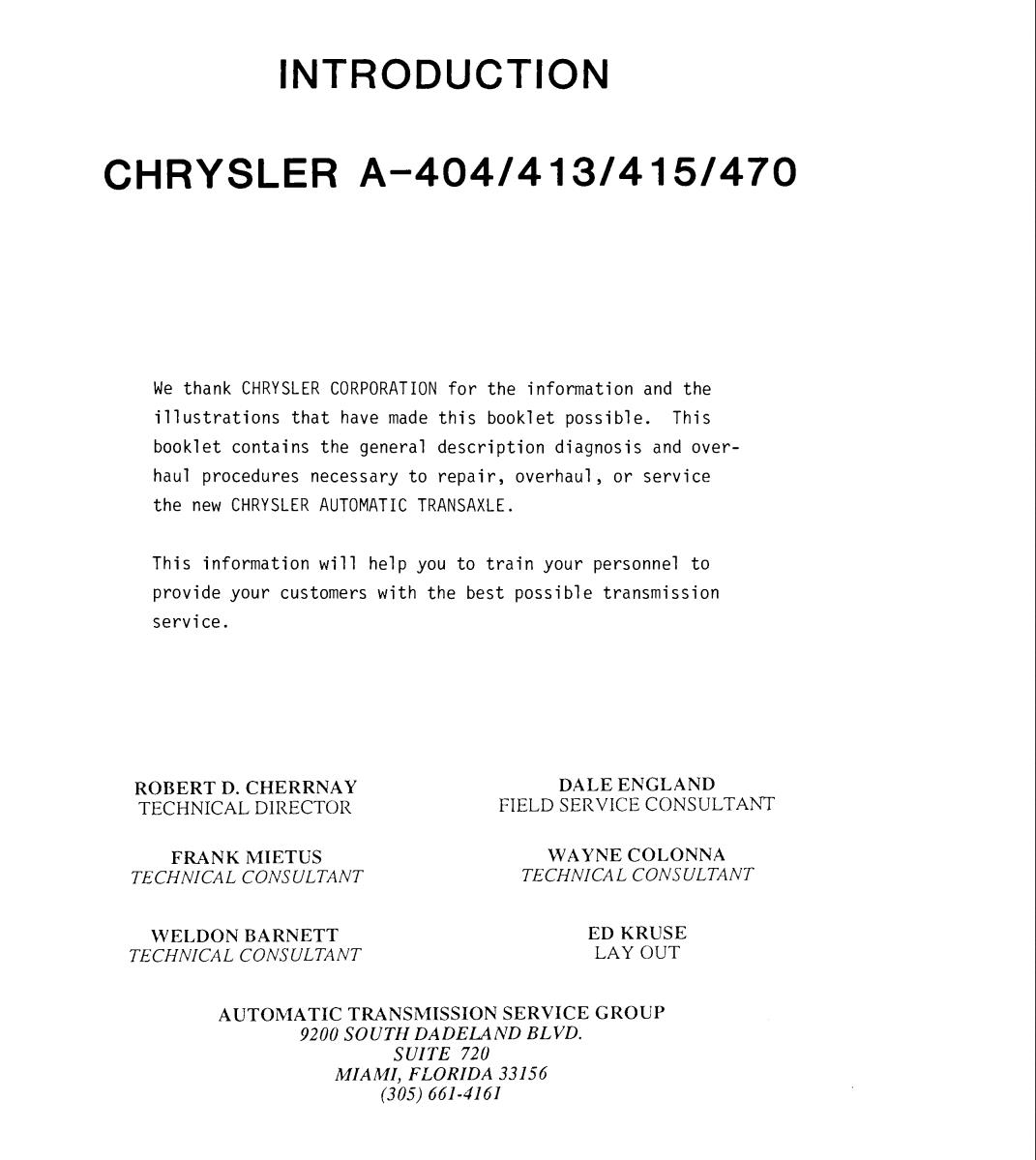 Chrysler A-404 A-413 A-415 A-470 CHRYSLER AUTOMATIC TRANSAXLE
