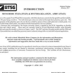 F5A5A F5A51 A5GF1 A5HF1 Transmission Repair Manual – ATSG (Automatic Transmission Service Group)