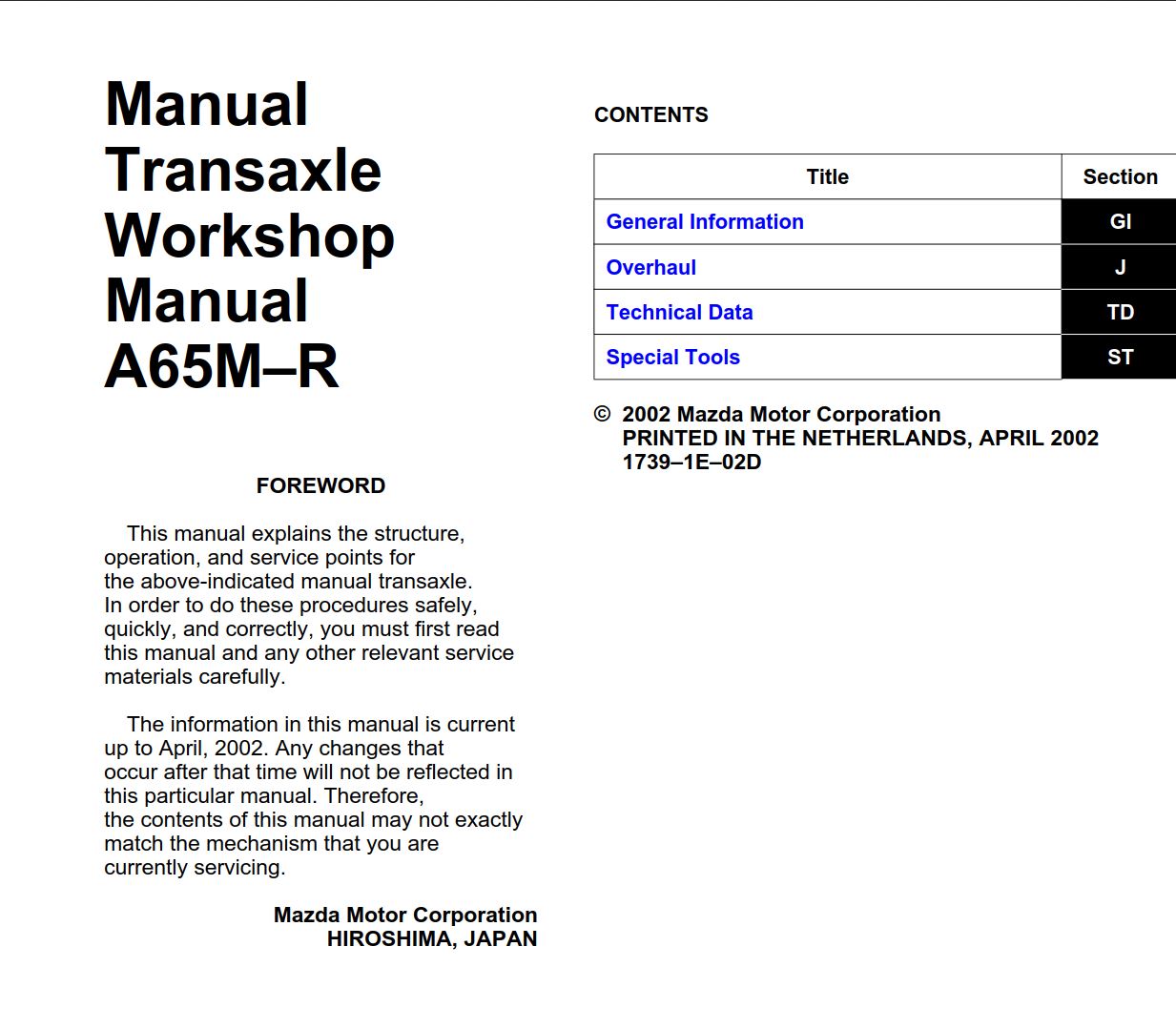 Mazda 6 2003 - 2007 Transaxle A65M-R Workshop Manual