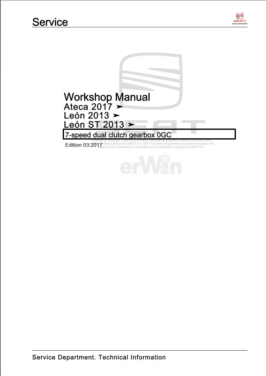 Seat 7-speed dual clutch gearbox 0GC Workshop Manual
