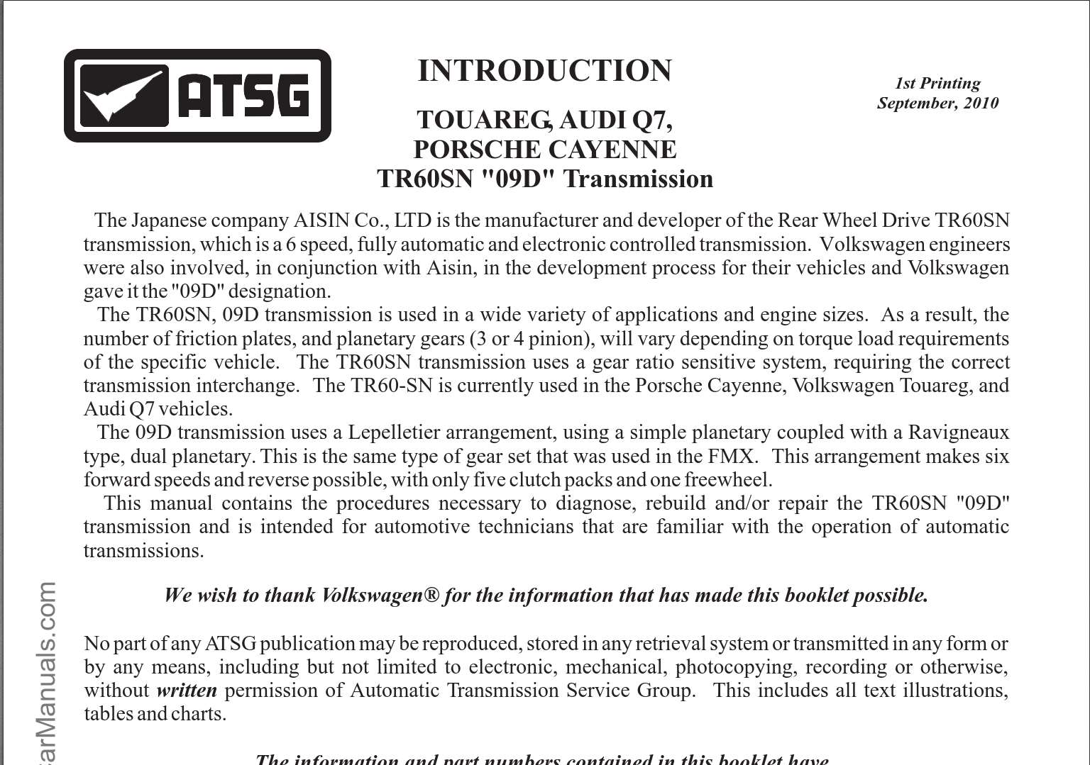 TOUAREG AUDI Q7 PORSCHE CAYENNE AISIN TR60SN 09D – Automatic Transmission Service Group