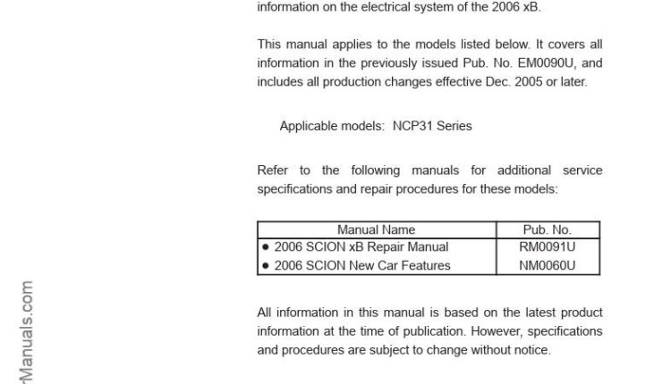 PDF ONLINE - TOYOTA SCION xB 2006 ELECTRICAL WIRING DIAGRAM (EM0091U