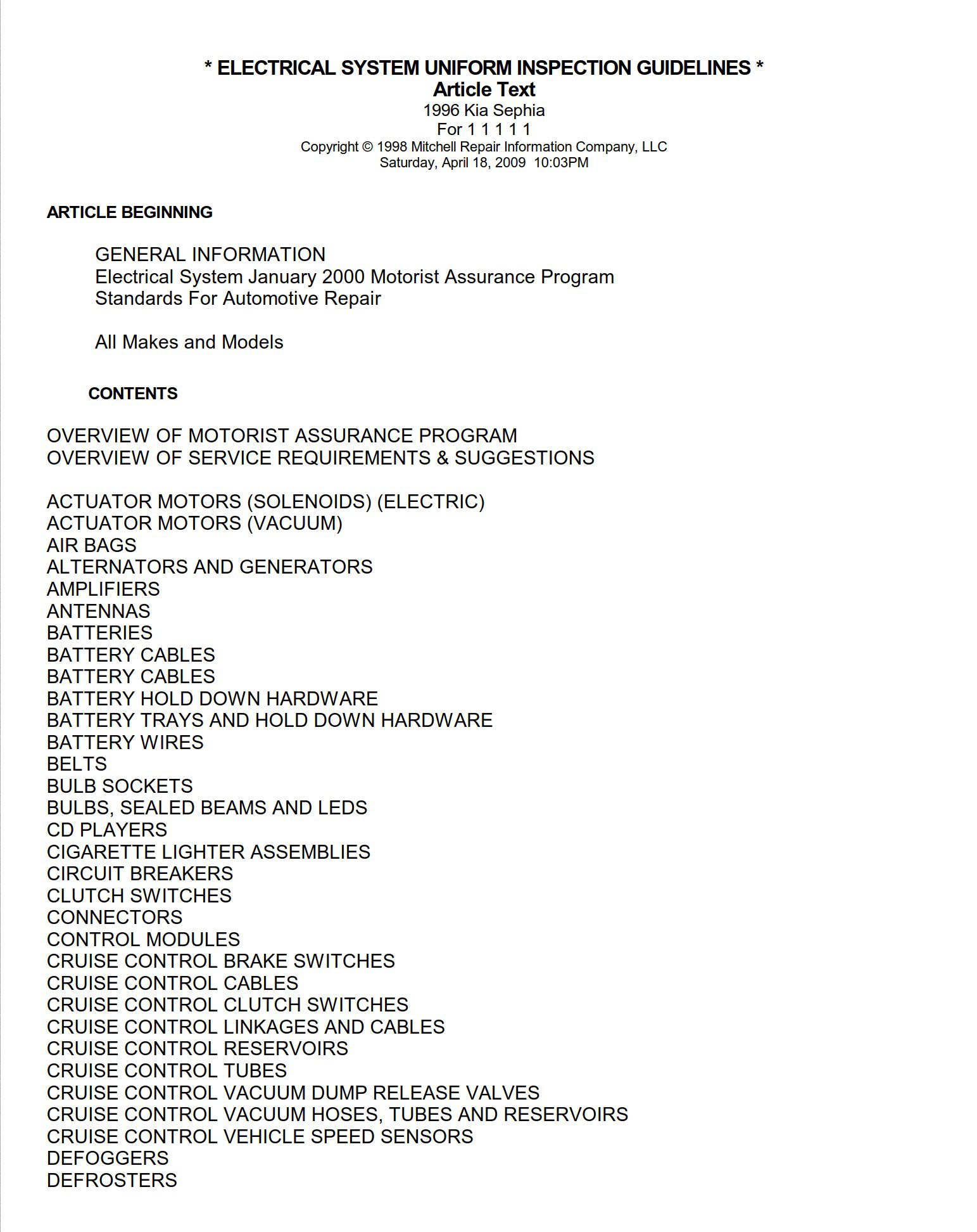 Kia Sephia 1996 Mentor Electrical System Manual – PDF Download