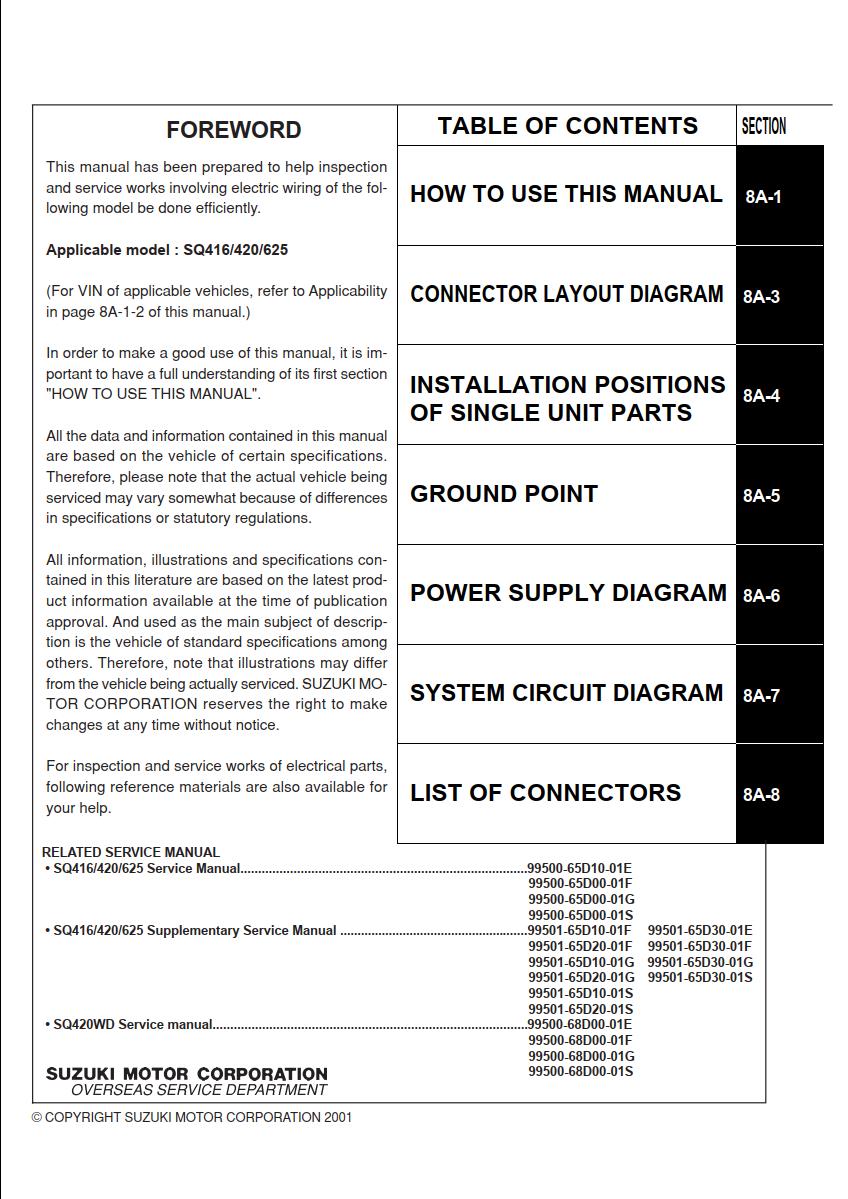 Suzuki Grand Vitara SQ416 SQ420 SQ625 Wiring Diagram Manual 99512-65D11-015